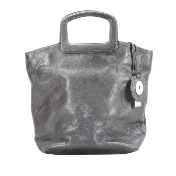 Fossil Rachel Black Leather Floral Snap Tooled Dual Handle Handbag - Picture 1 of 9